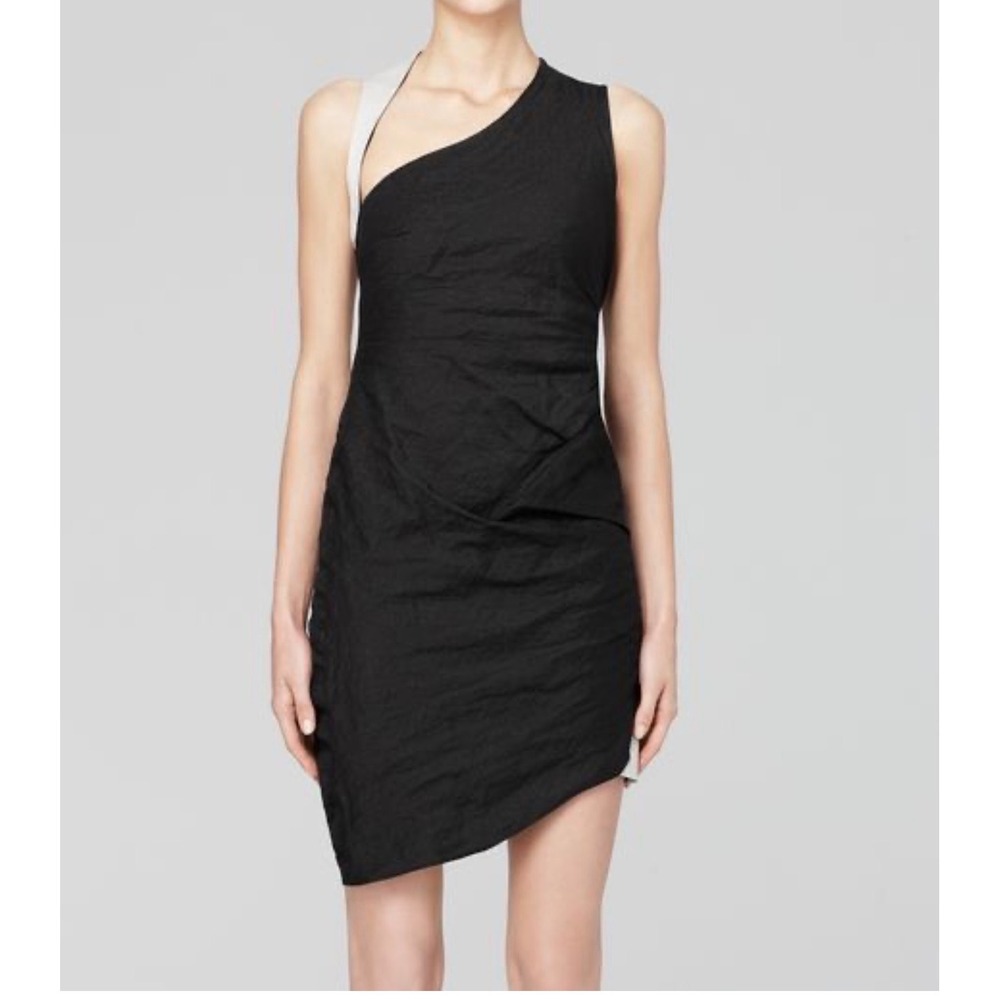 Helmut Lang Black Asymmetric One Shoulder Mini Dress Leather Trim Size 2